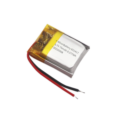 Pacco batterie Thin IoT Batteria LiPo ricaricabile personalizzata da 3,7 V 75 mAh 651417